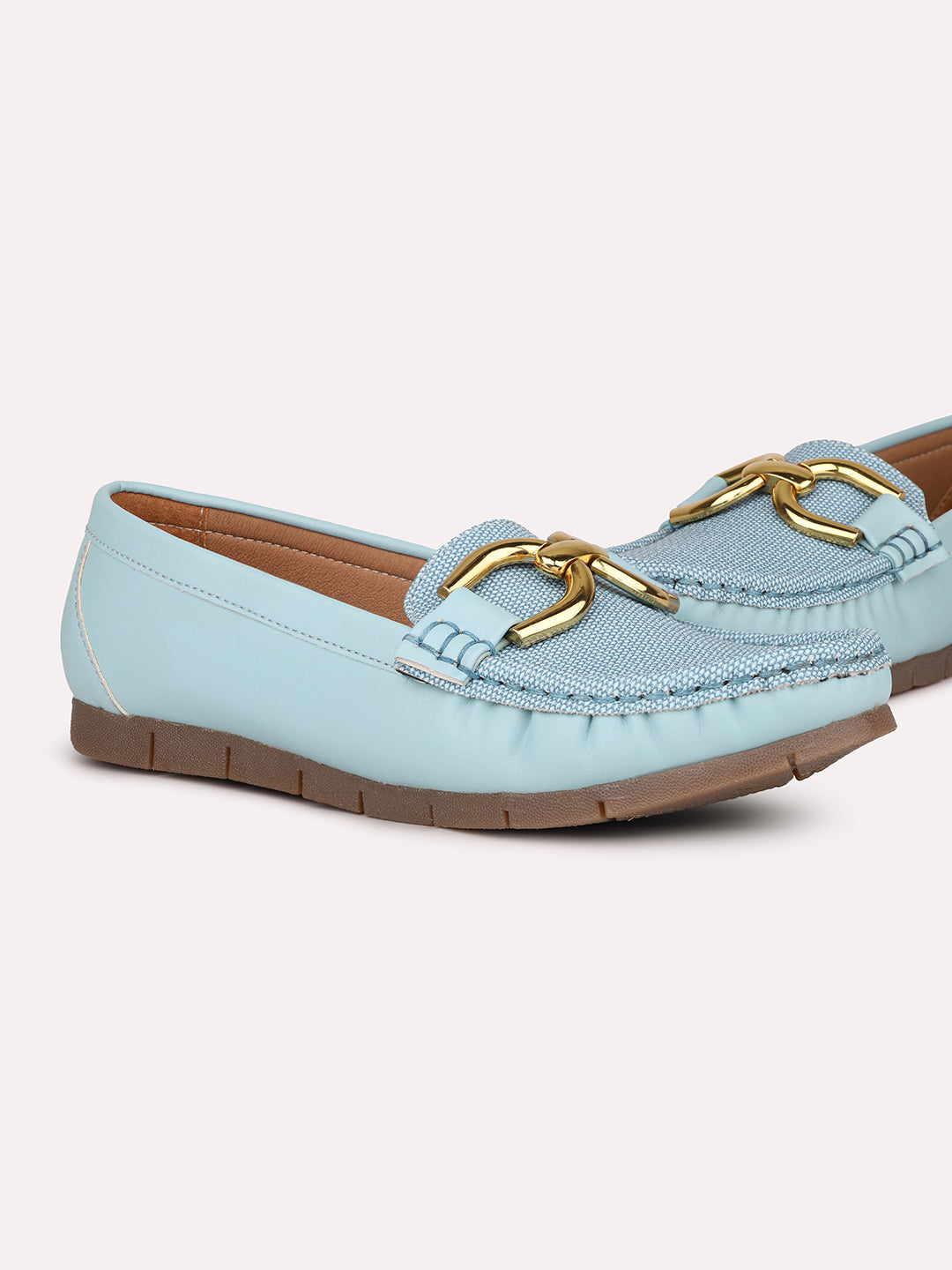 Women Blue Comfort Insole Horsebit Buckled Loafers