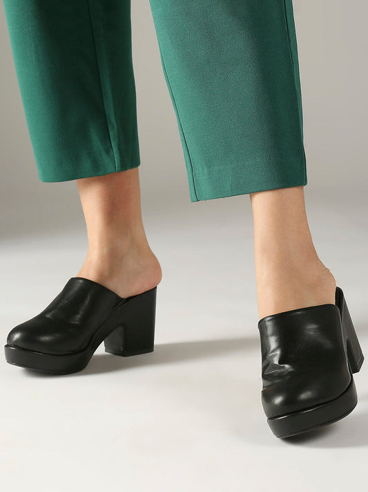 Womn Black Platform Heel Mules