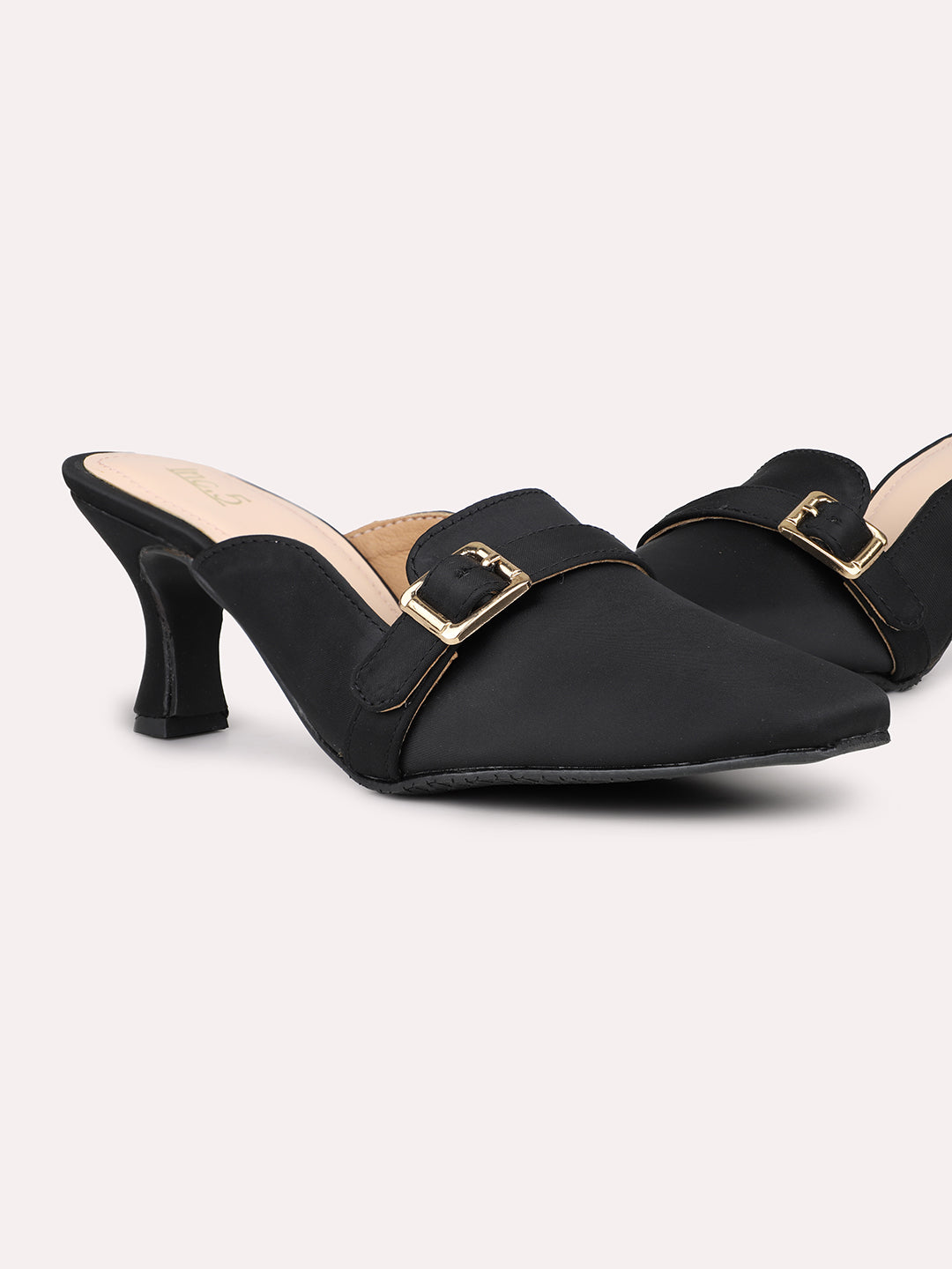 Women Black Party Kitten Heels Mules With Buckles