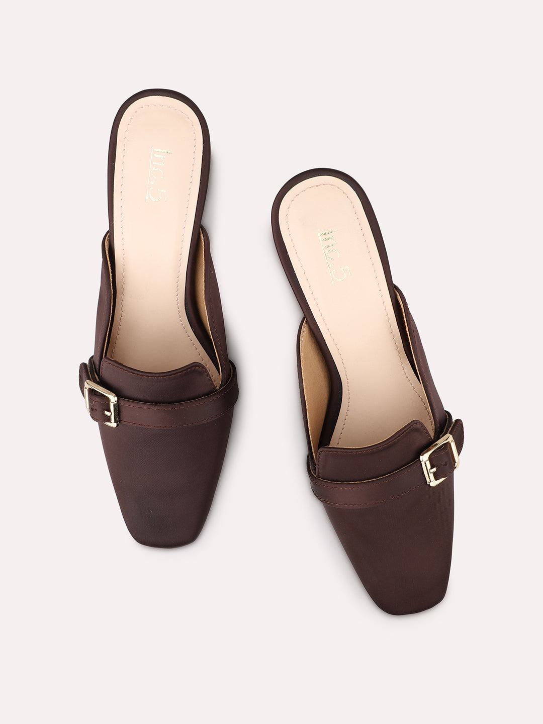 Women Brown Party Kitten Heels Mules With Buckles