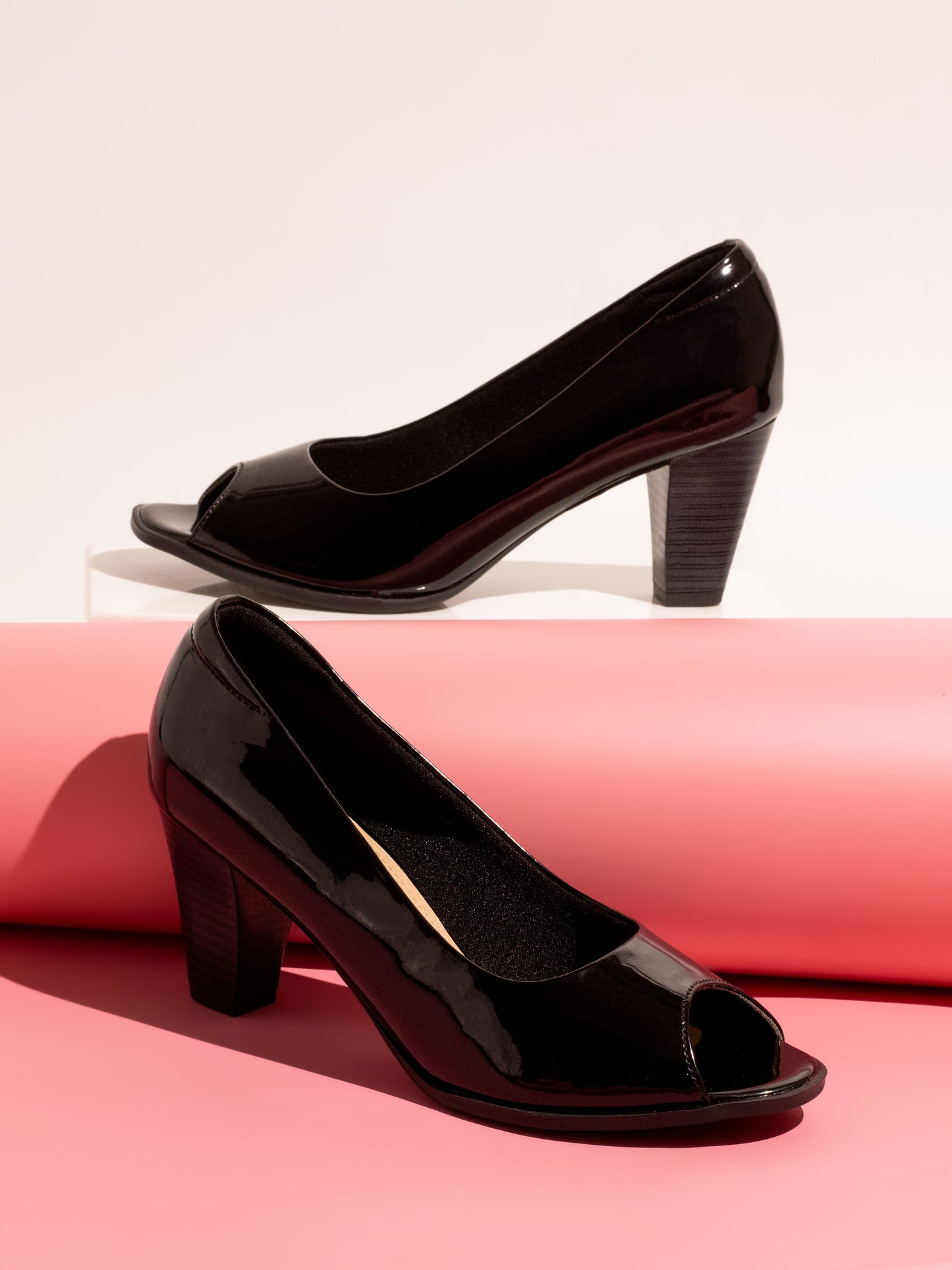 Women Black Peep Toe Block Heel Pumps