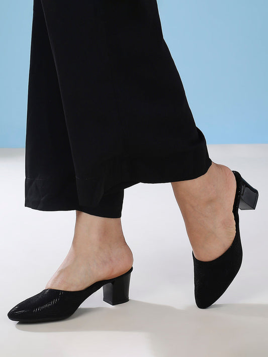 Women Black Metallic Printed Block Heel Mules