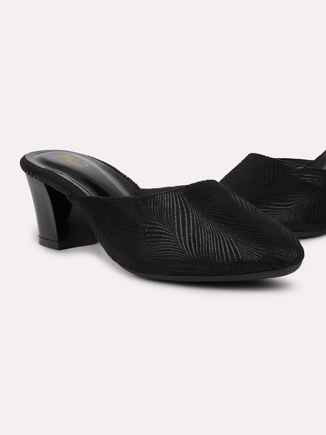 Women Black Metallic Printed Block Heel Mules