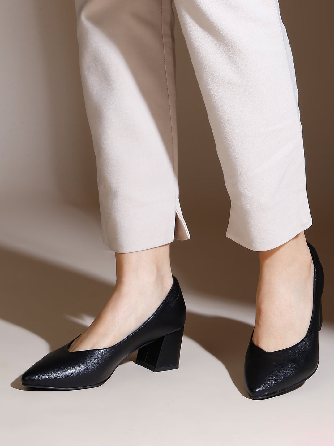 Women Black Pointed Toe Block Heels Pumps