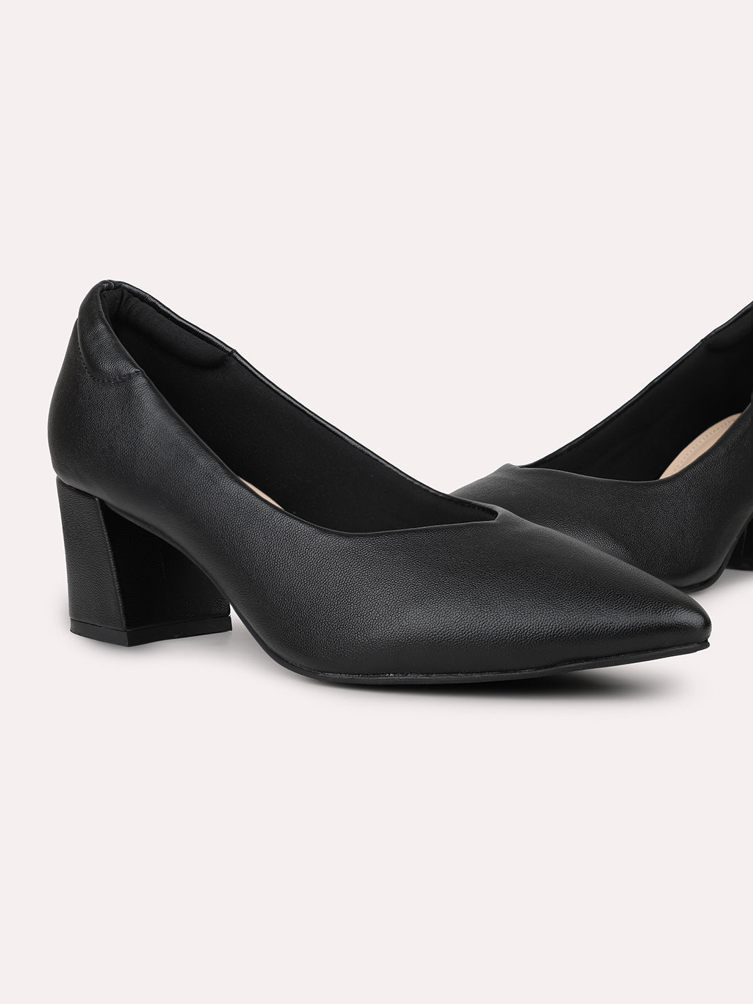 Women Black Pointed Toe Block Heels Pumps