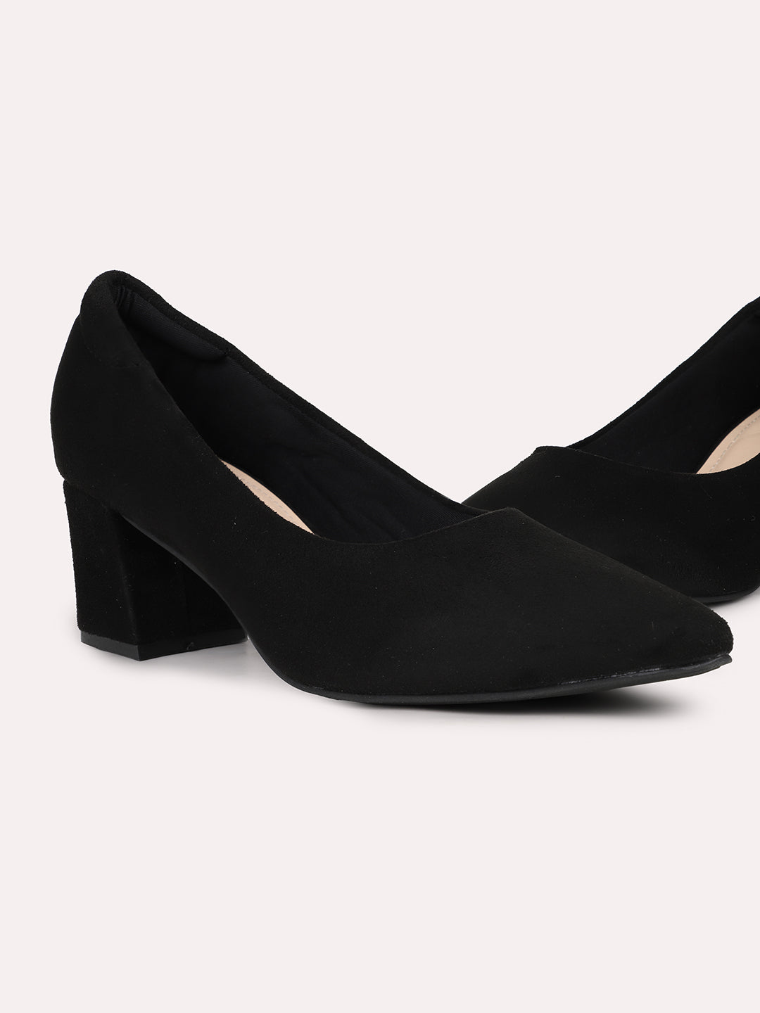 Women Black Pointed Toe Block Heel Pumps