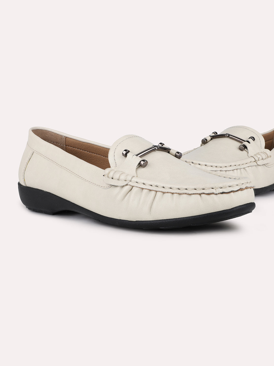 Women Cream Casual Solid Round Toe Loafers