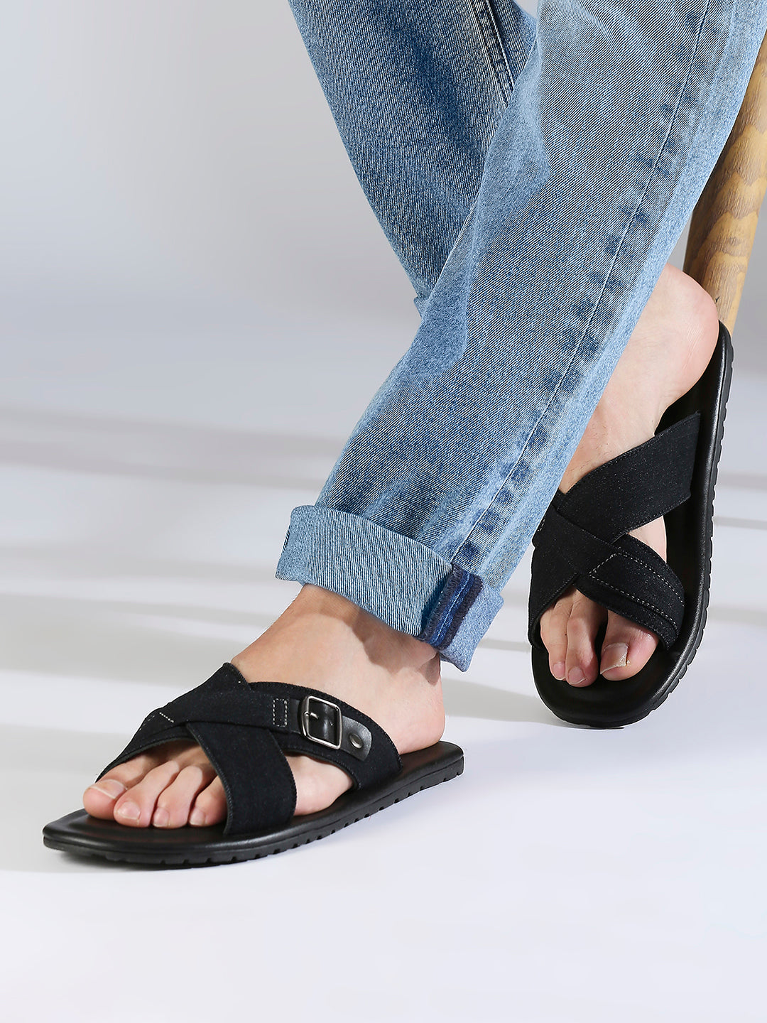 Privo Denim Black Casual Sandal With Buckle For Men