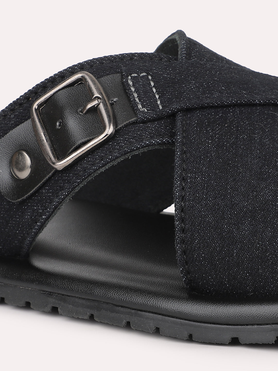 Privo Denim Black Casual Sandal With Buckle For Men