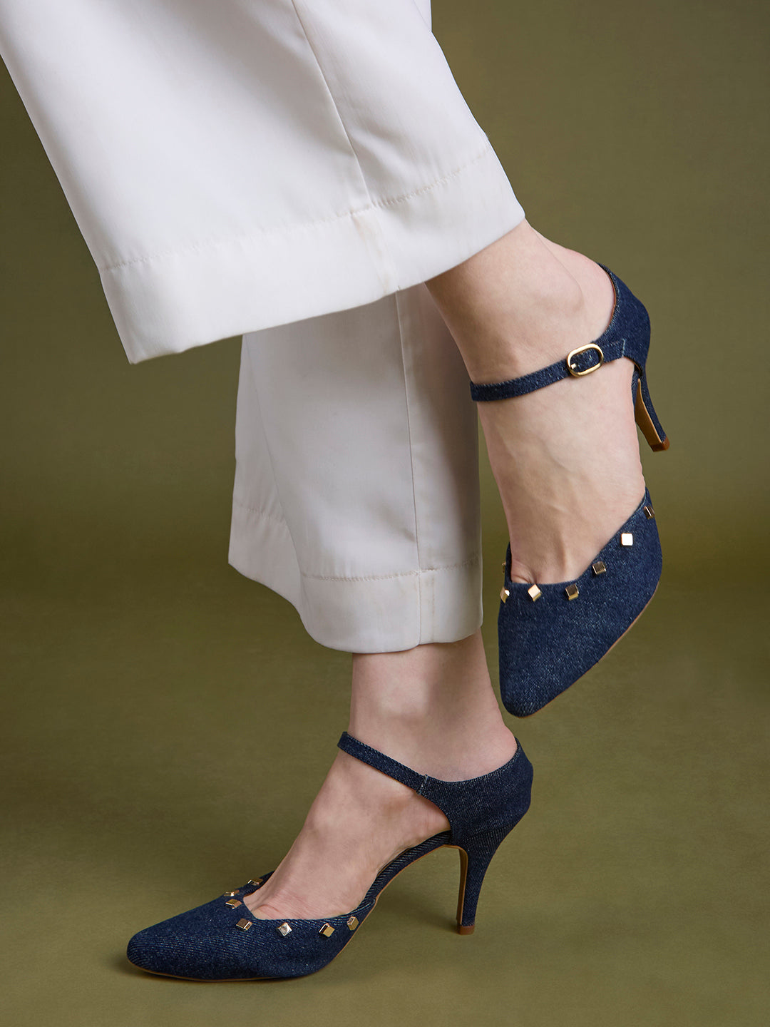 Womens Navy Blue Party Wear Embellished Pointed Toe Kitten Heel Sandals