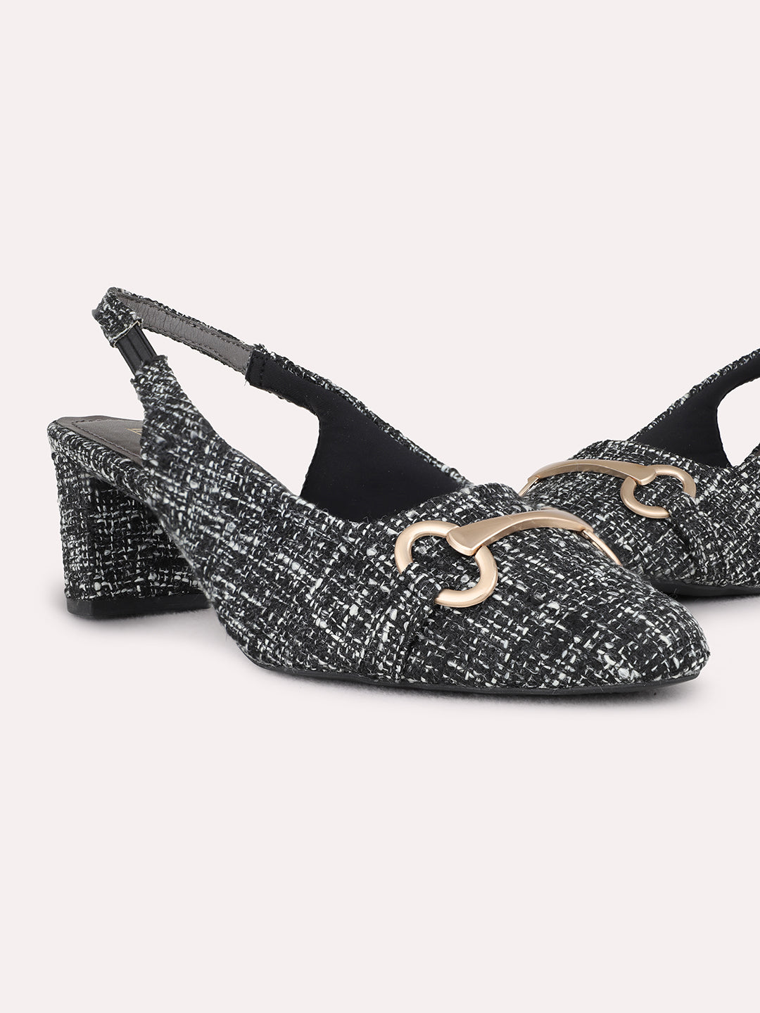 Womens Black Party Wear Printed Narrow Toe Block Heel Mules