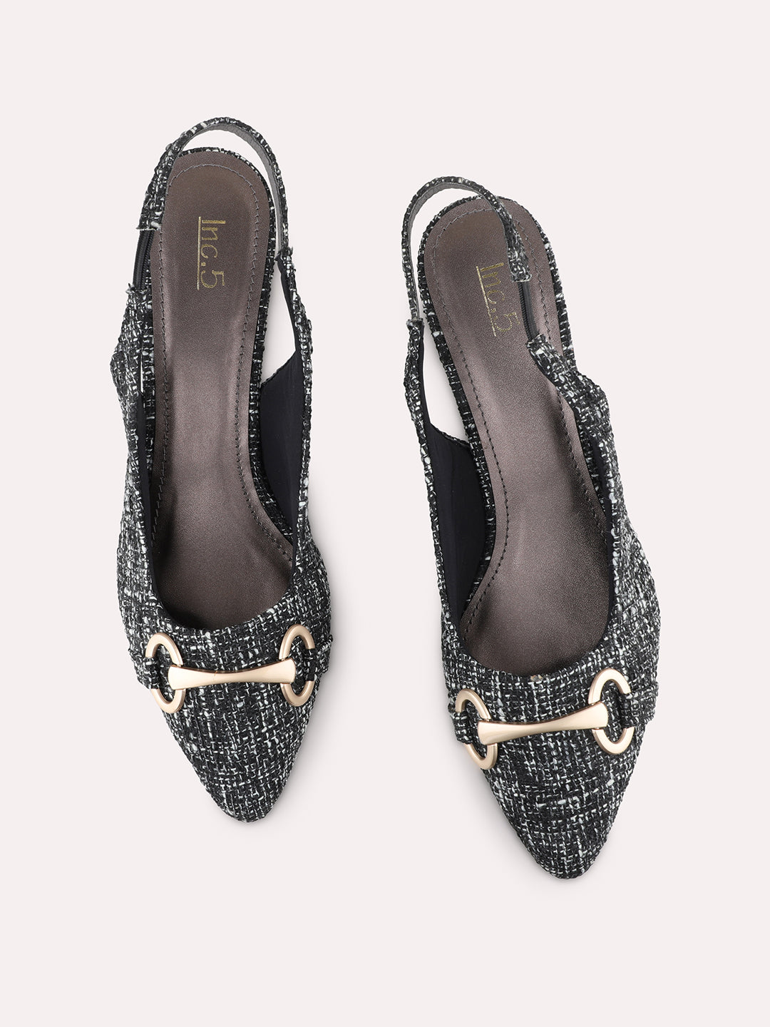 Womens Black Party Wear Printed Narrow Toe Block Heel Mules