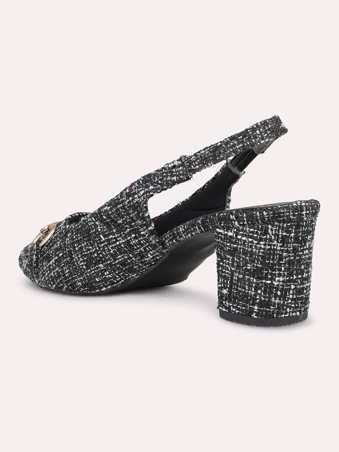 Womens Black Party Wear Printed Narrow Toe Block Heel Mules