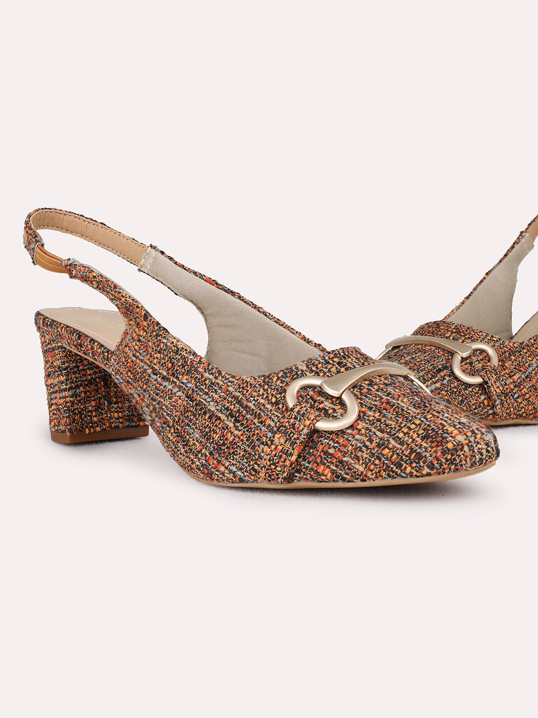 Womens Tan Party Wear Printed Narrow Toe Block Heel Mules