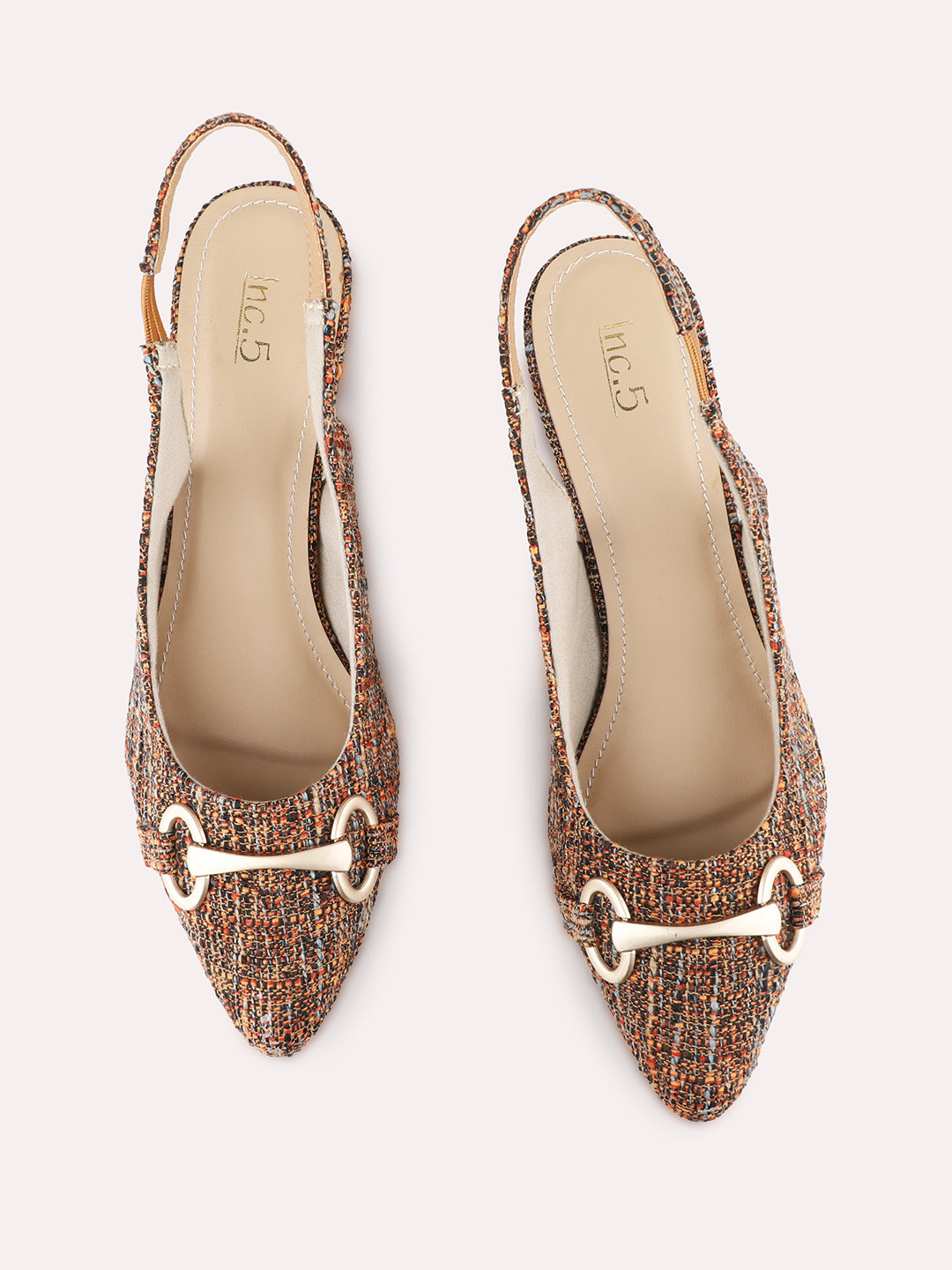 Womens Tan Party Wear Printed Narrow Toe Block Heel Mules