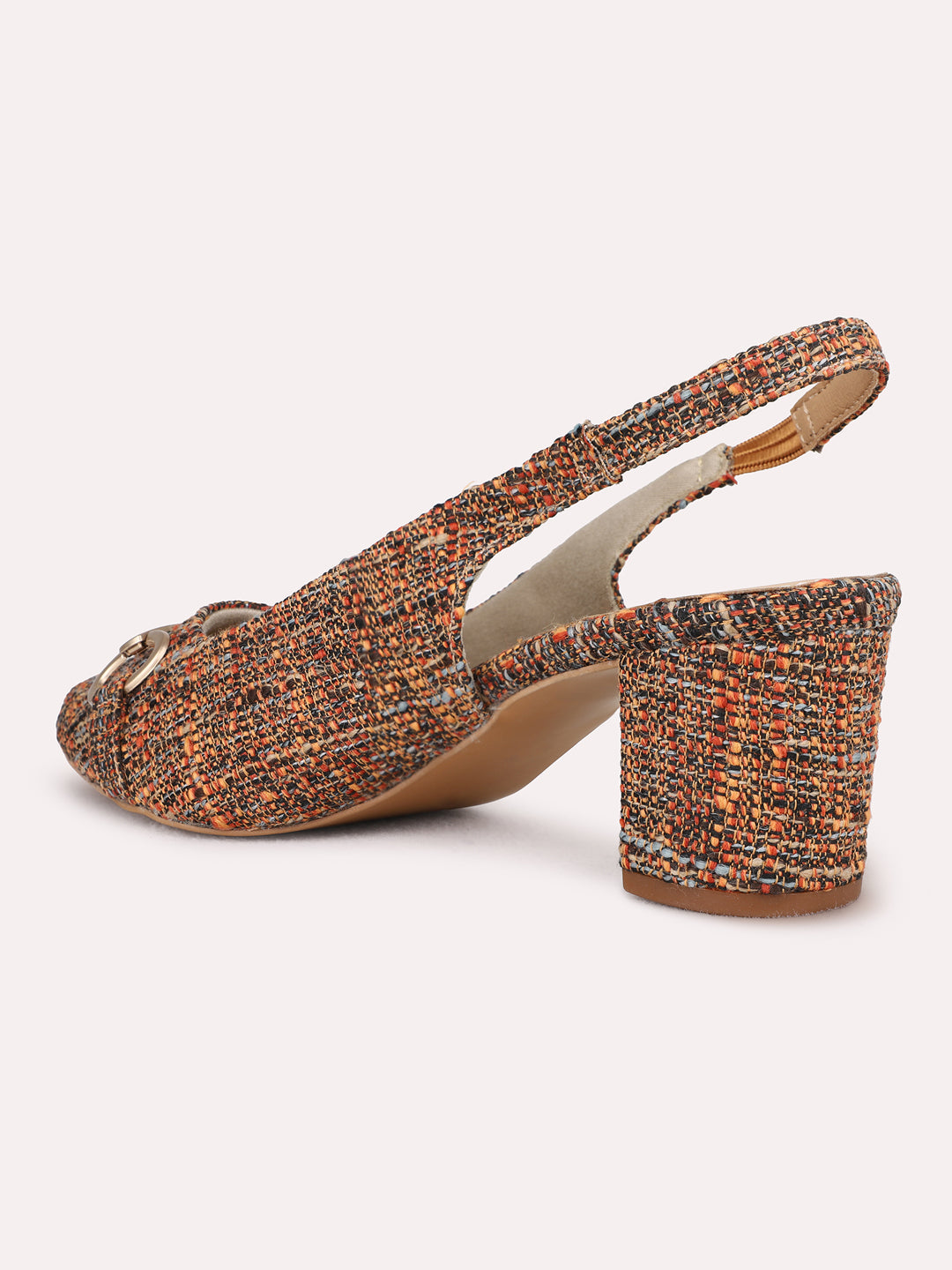 Womens Tan Party Wear Printed Narrow Toe Block Heel Mules