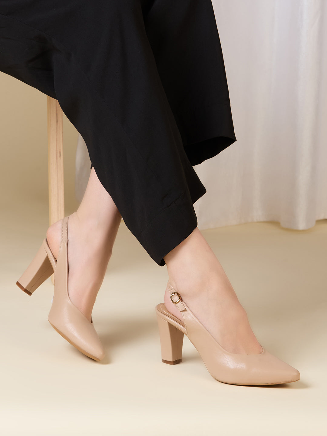Women Beige Party Wear Solid Pointed Toe Block Heel Mules