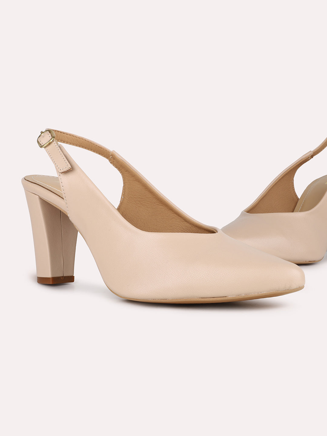 Women Beige Party Wear Solid Pointed Toe Block Heel Mules