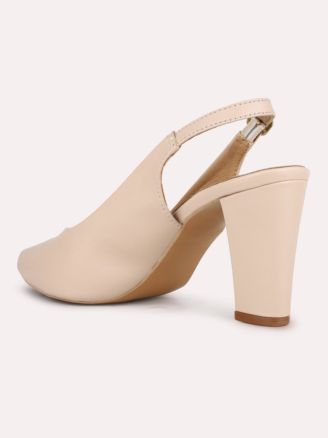Women Beige Party Wear Solid Pointed Toe Block Heel Mules