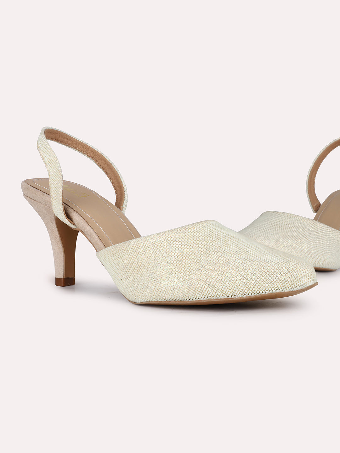 Women Beige Party Wear Solid Pointed Toe Kitten Heel Mules