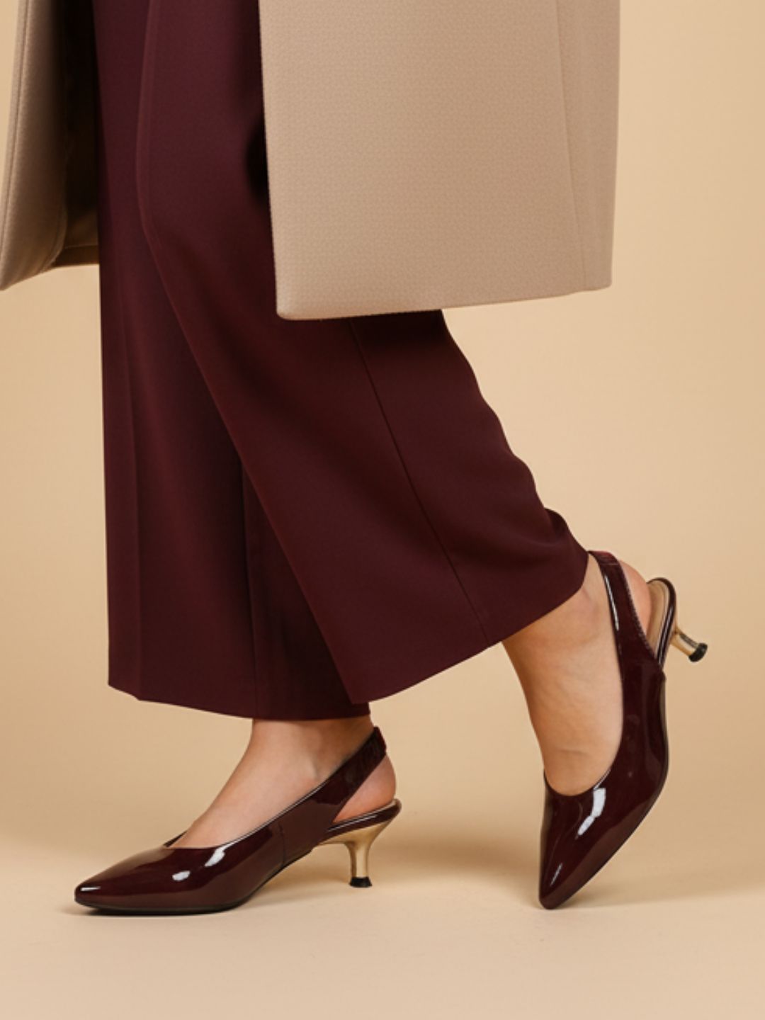 Womens Burgundy Party Wear Solid Pointed Toe Kitten Heel Mules