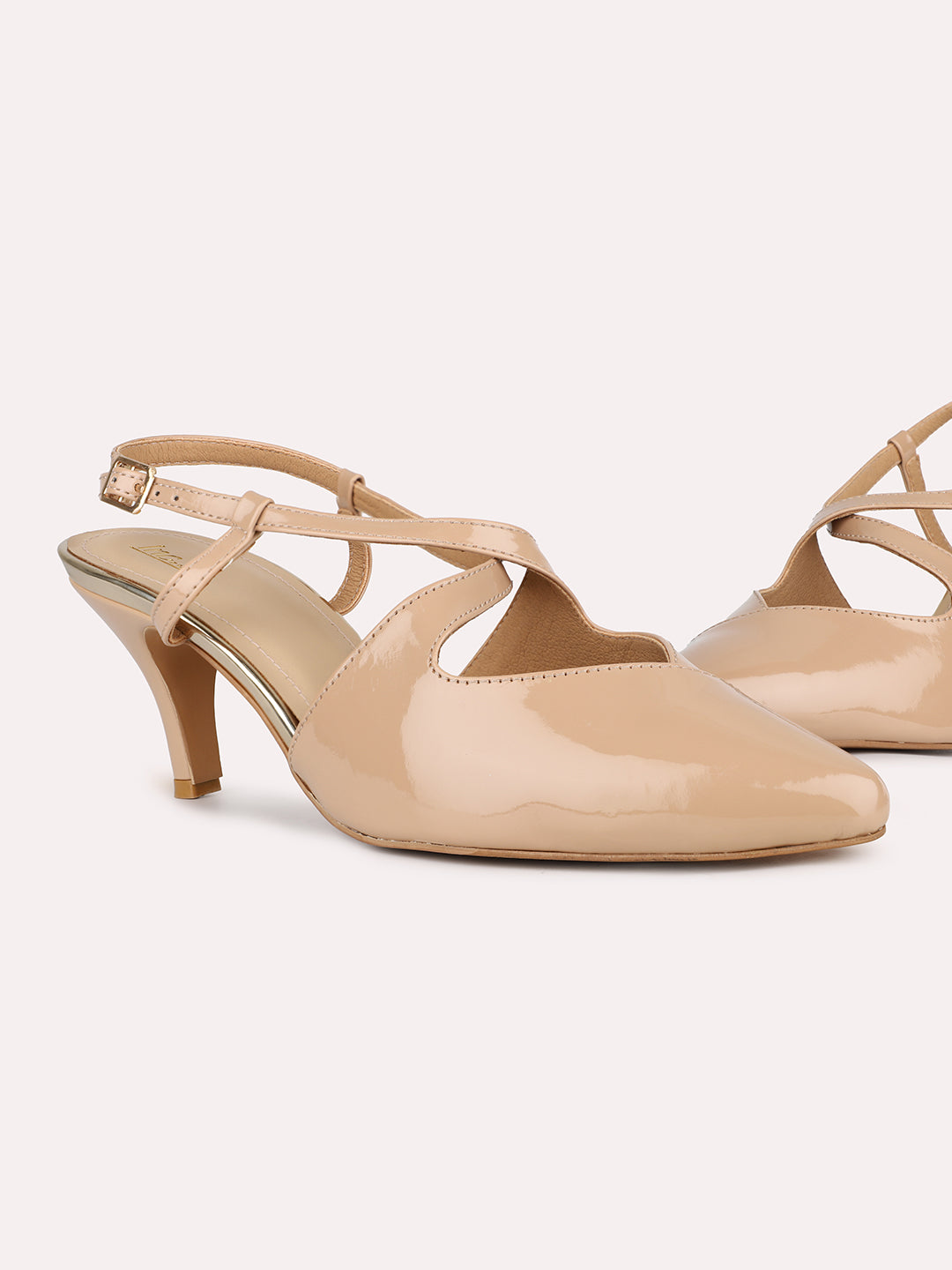 Womens Beige Party Wear Solid Pointed Kitten Heel Mules