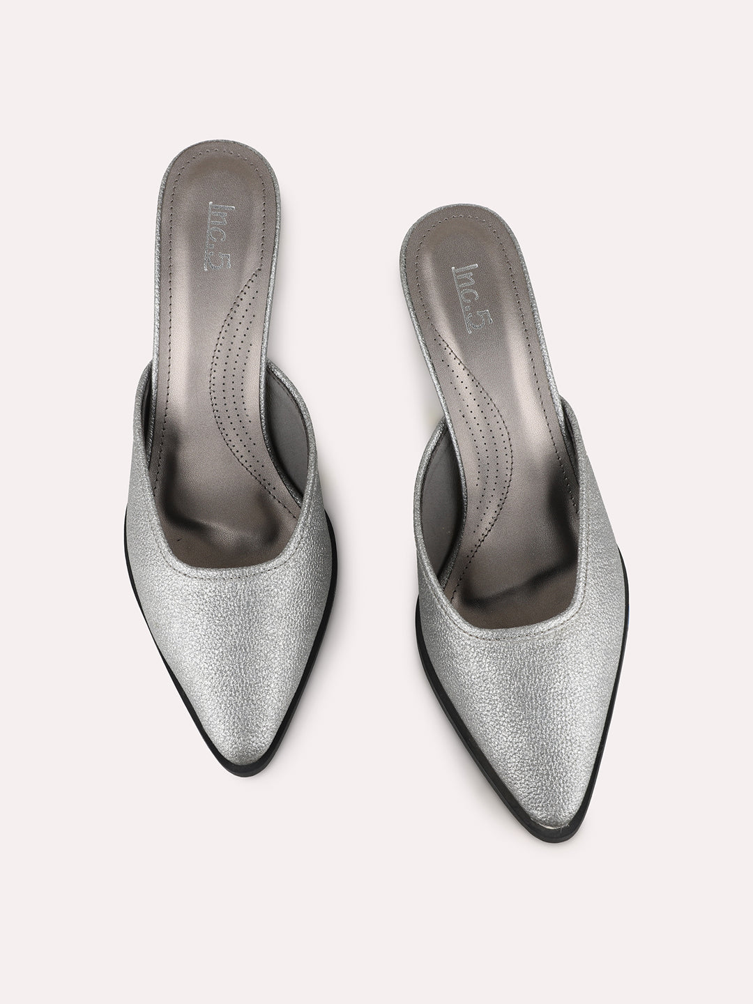Women Pewter Party Wear Solid Pointed Kitten Heel Mules