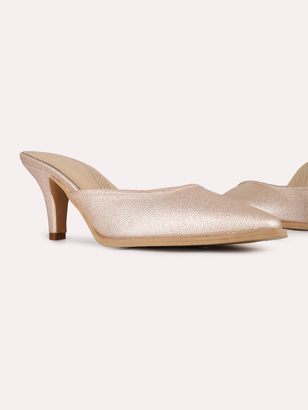 Women Rose Gold Party Wear Solid Pointed Kitten Heel Mules