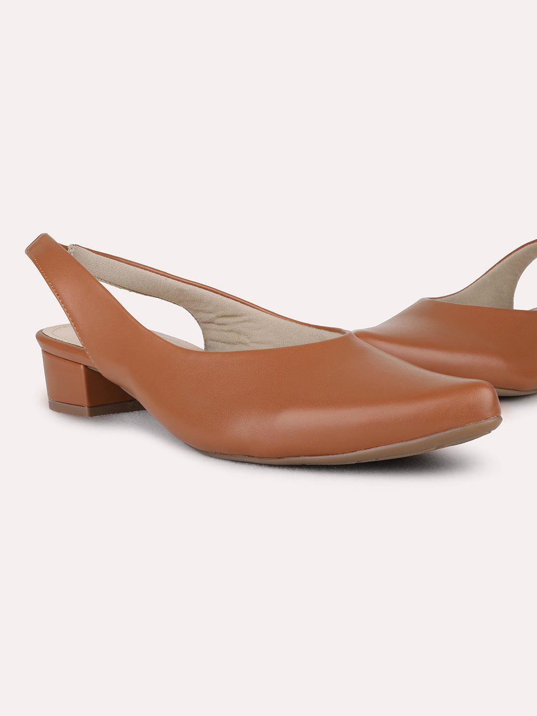 Womens Tan Party Wear Solid Pointed Toe Block Heel Mules