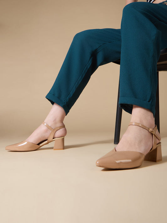 Womens Beige Party Wear Solid Pointed Toe Block Heel Mules