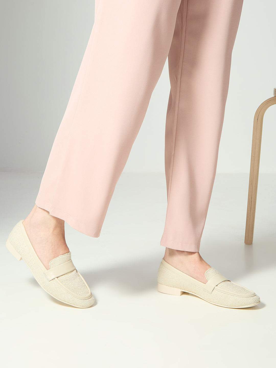 Womens Cream Casual Solid Round Toe Loafers