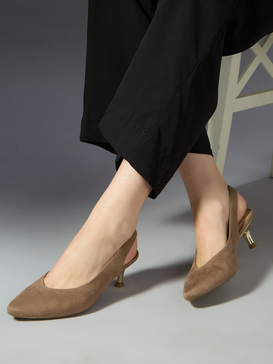 Womens Beige Party Wear Solid Pointed Toe Kitten Heels