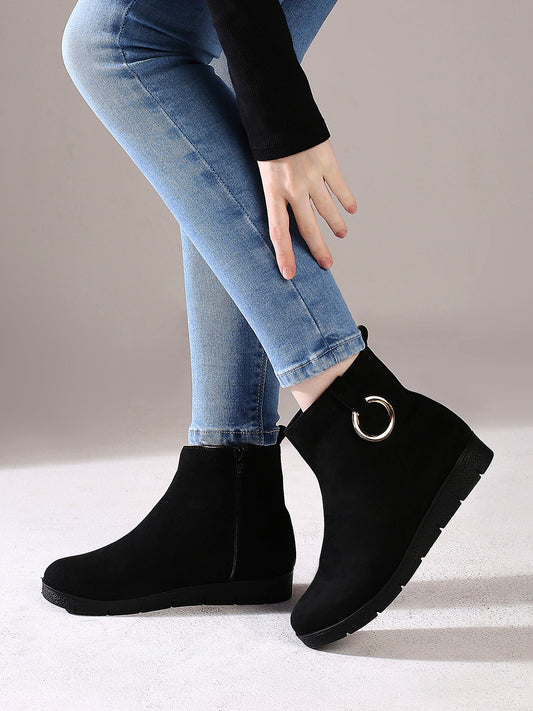 Womens Black Casual Solid Round toe Ankle Boots