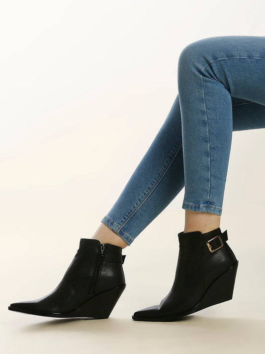 Womens Black Casual Solid Pointed toe Ankle Boots