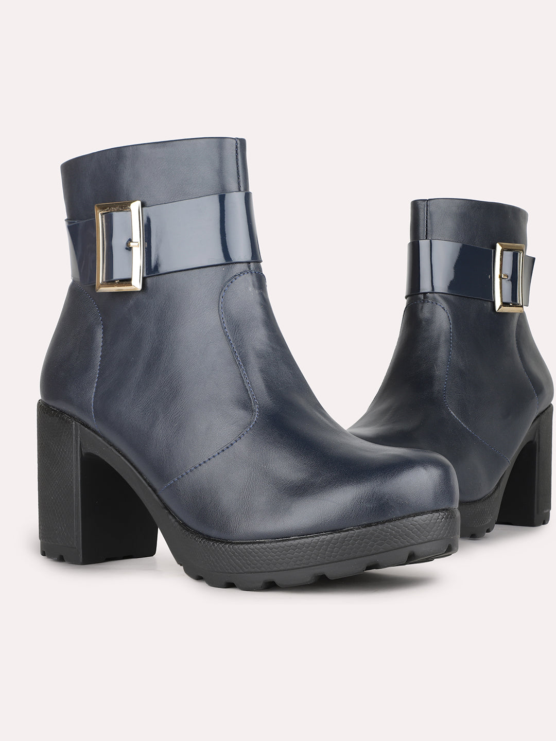Women Navy Party Wear Solid Block Heel Boots