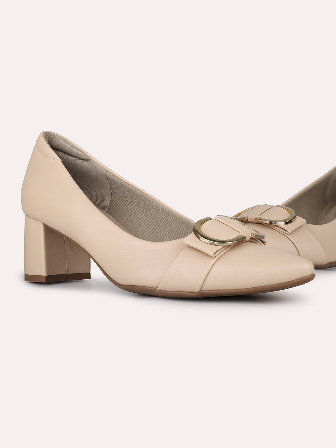 Women Beige Party Wear Solid Pointed Block Heel Pumps