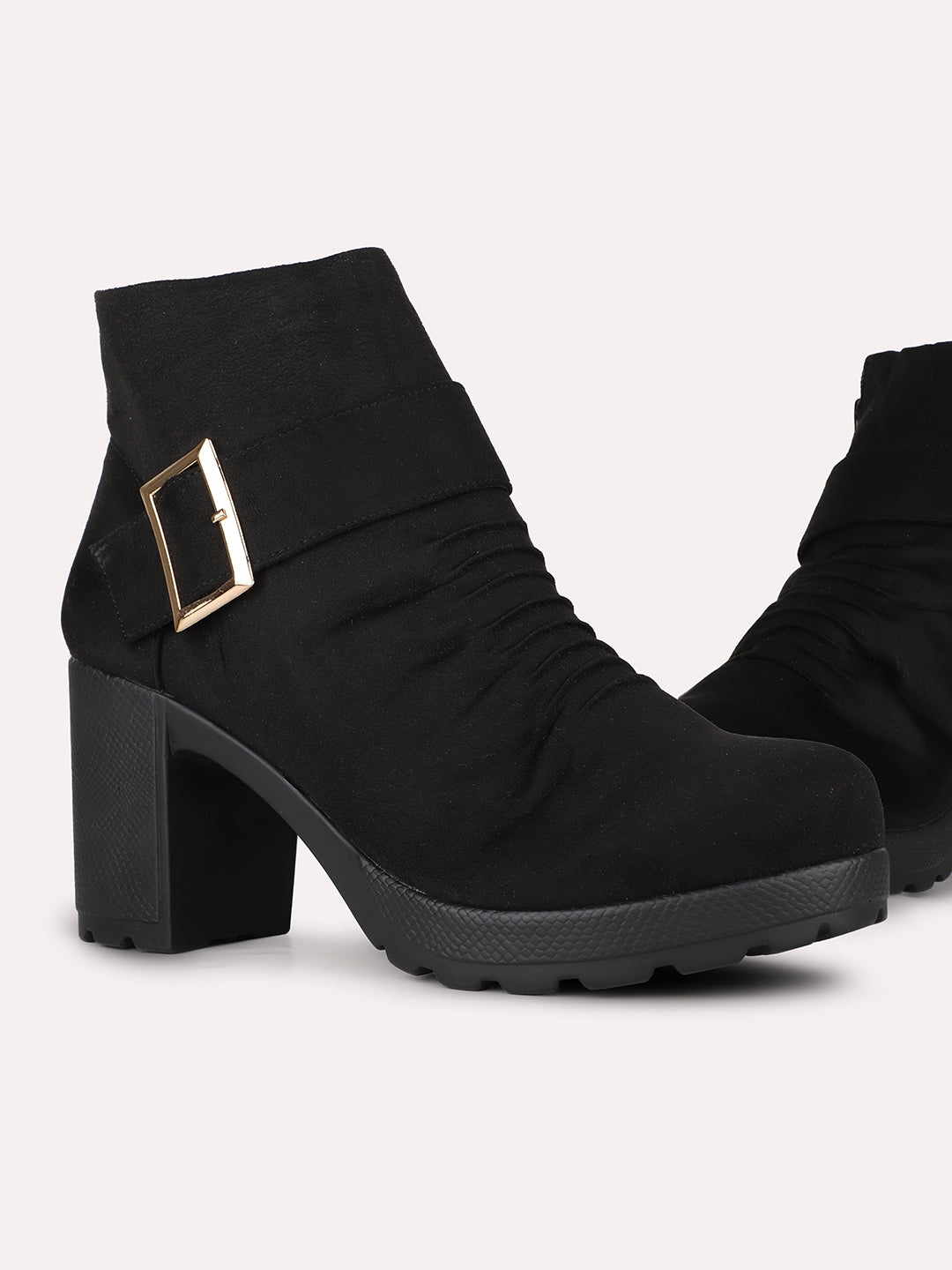 Women Black Party Wear Solid Pattern Round Toe Block Heel Ankle Boots