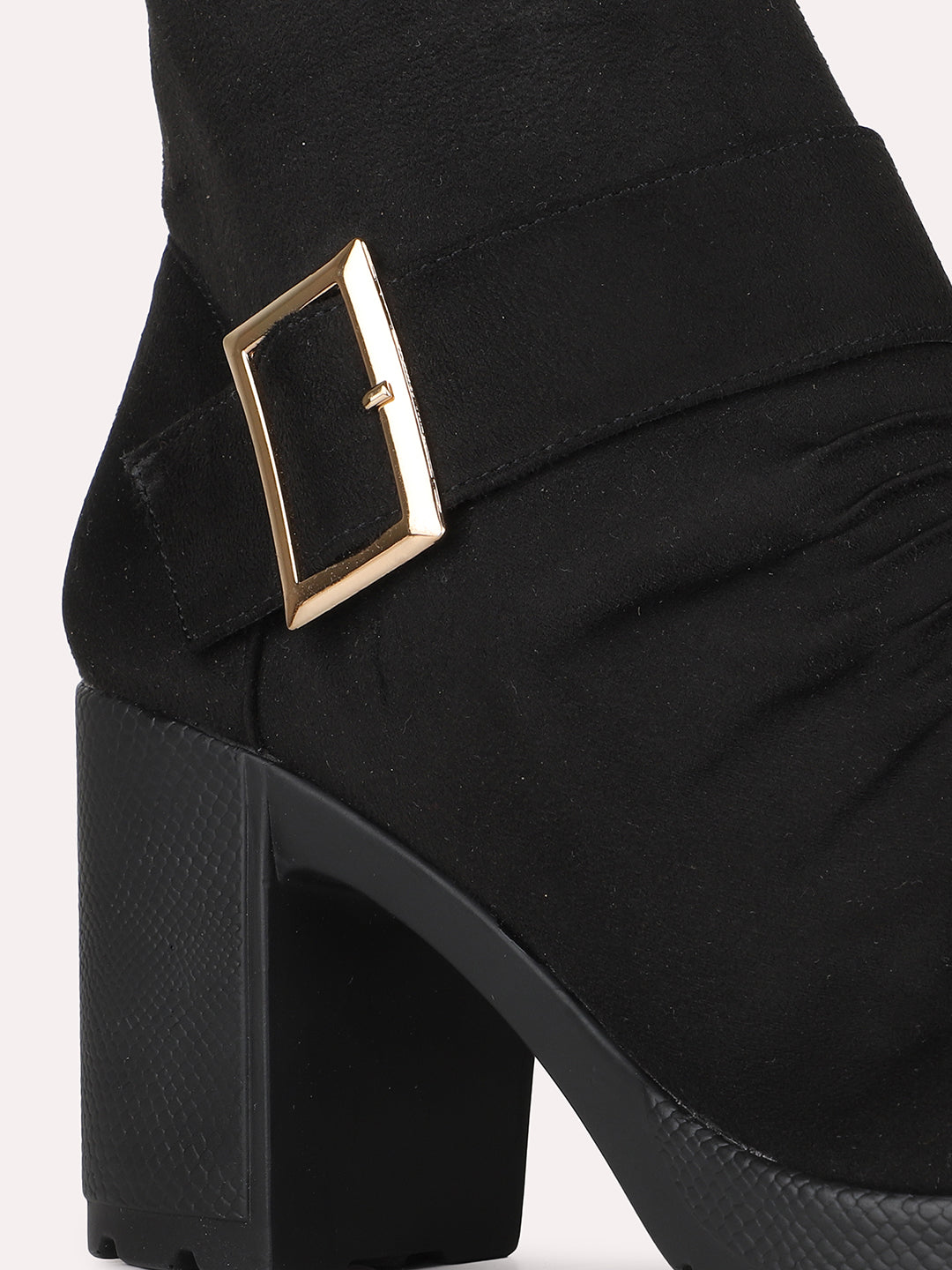 Women Black Party Wear Solid Pattern Round Toe Block Heel Ankle Boots