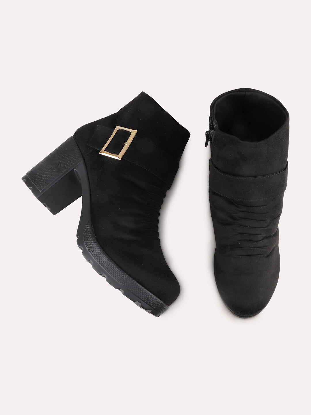 Women Black Party Wear Solid Pattern Round Toe Block Heel Ankle Boots