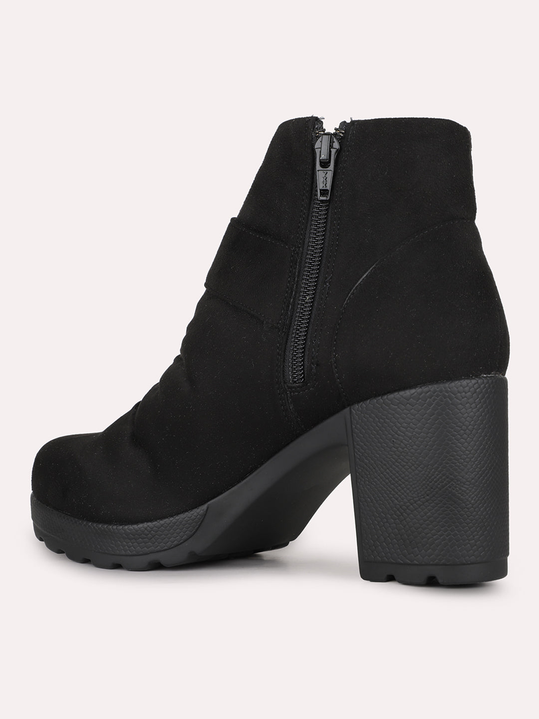 Women Black Party Wear Solid Pattern Round Toe Block Heel Ankle Boots