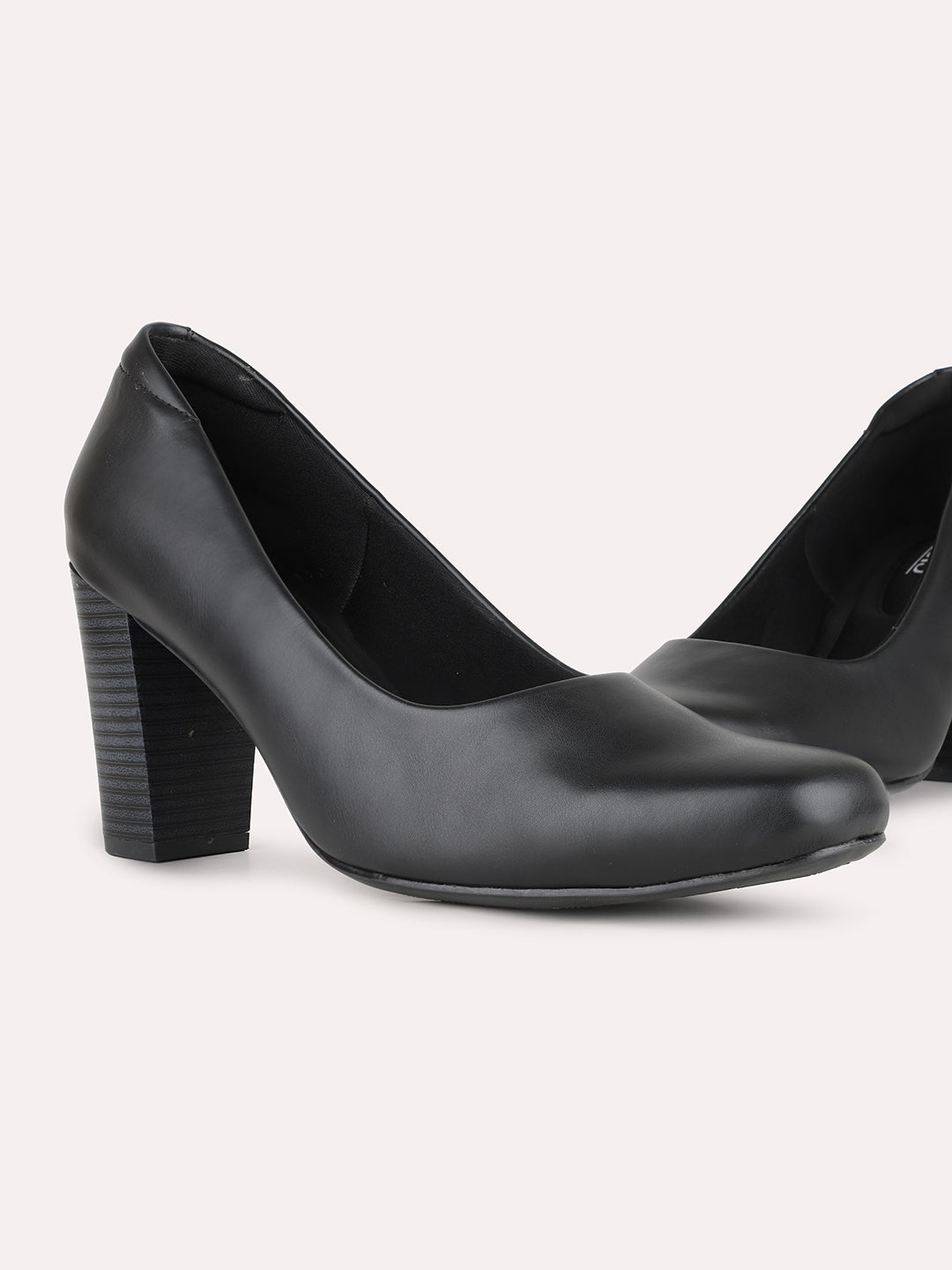 Women Black Party Wear Solid Round Toe Block Heel Pumps