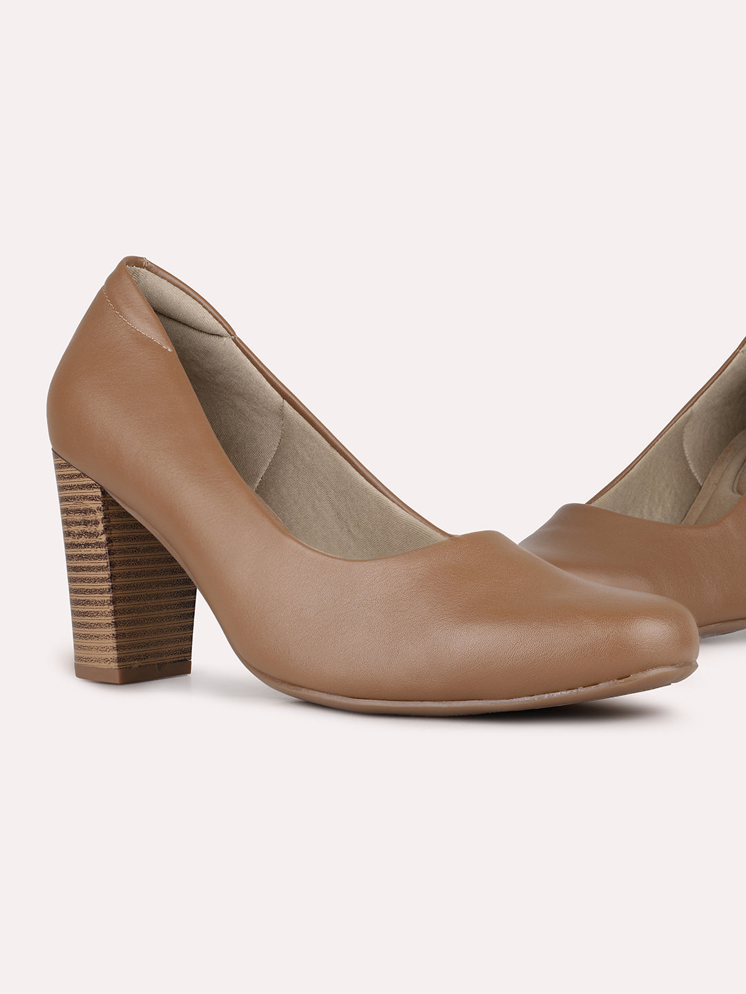 Women Tan Party Wear Solid Round Toe Block Heel Pumps