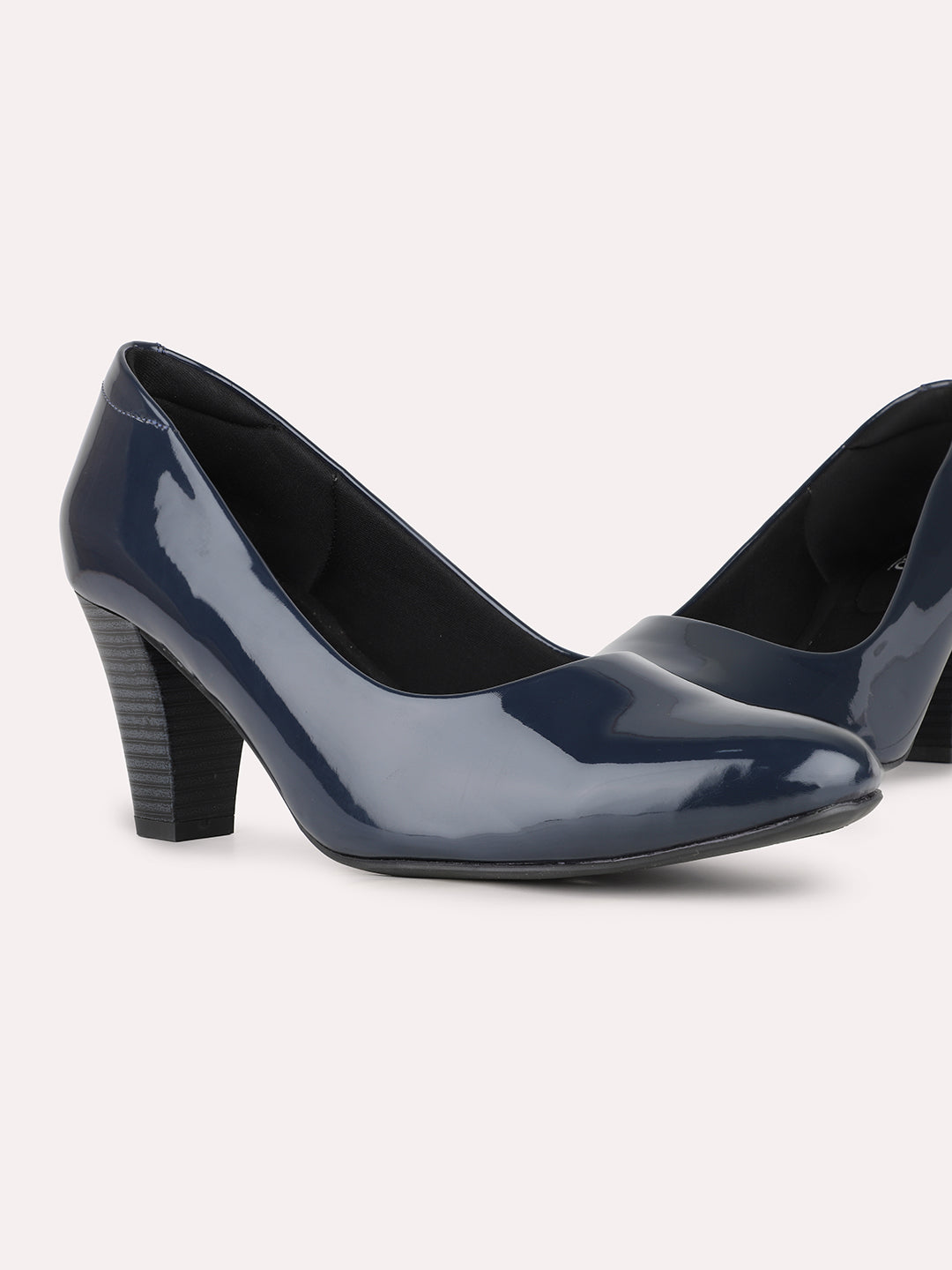 Women Navy Party Wear Solid Pointed Toe Block Heel Pumps