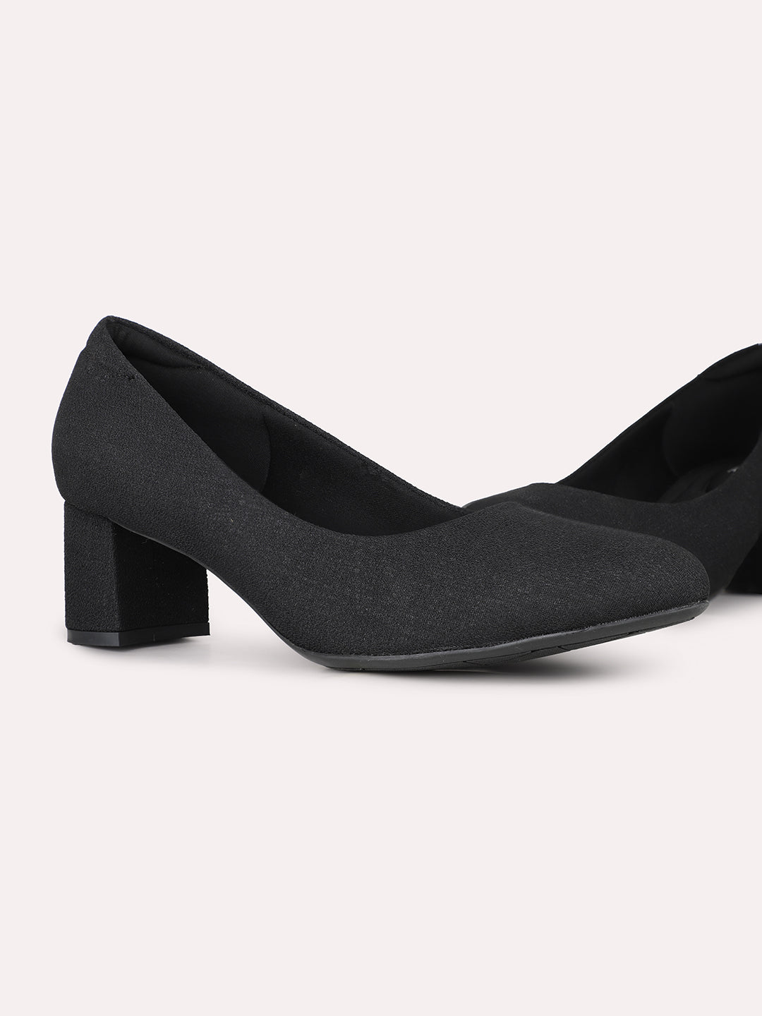 Women Black Party Wear Solid Pointed Block Heel Pumps