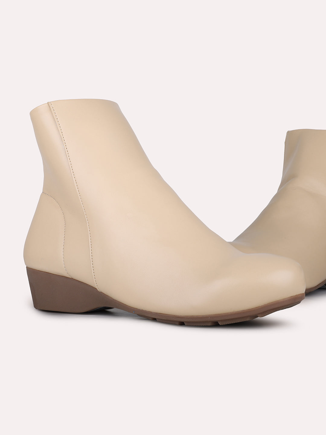 Women Beige Party Wear Solid Round Toe Wedge Heel Ankle Boots