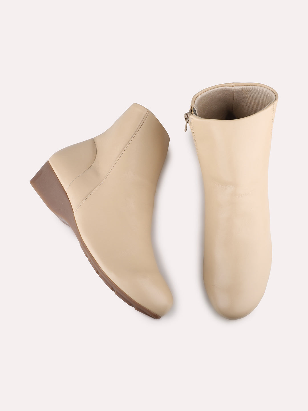 Women Beige Party Wear Solid Round Toe Wedge Heel Ankle Boots