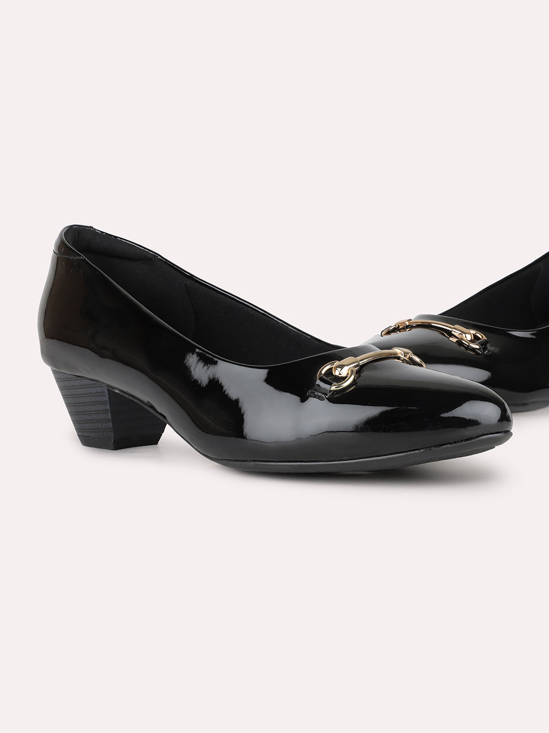 Women Black Party Wear Solid Round Toe Block Heel Pumps