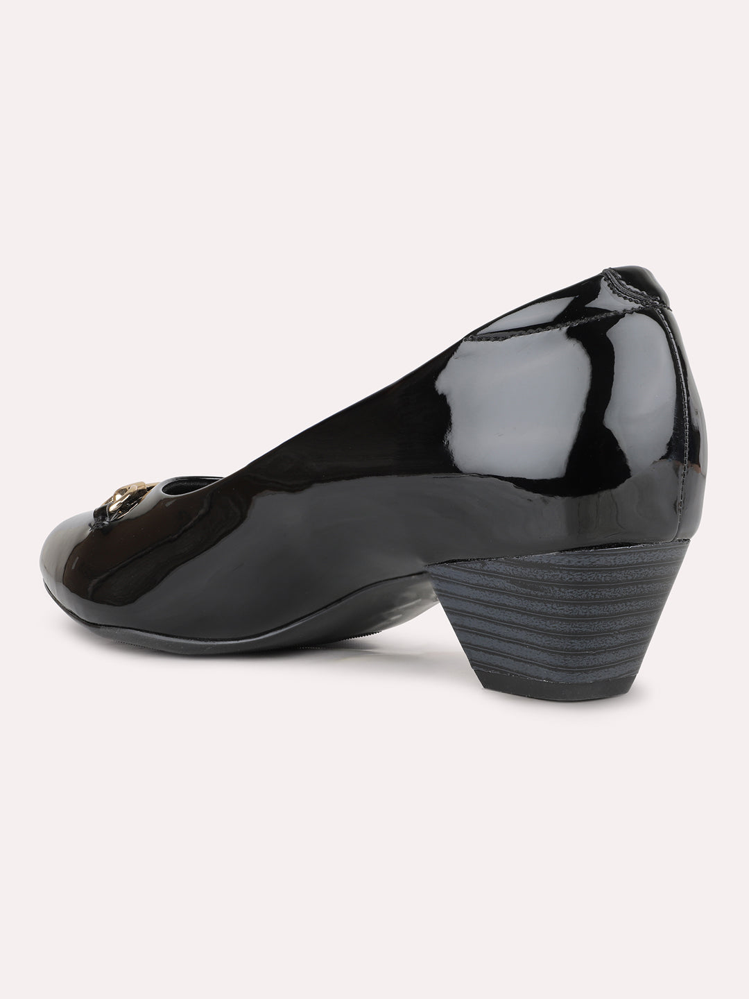 Women Black Party Wear Solid Round Toe Block Heel Pumps