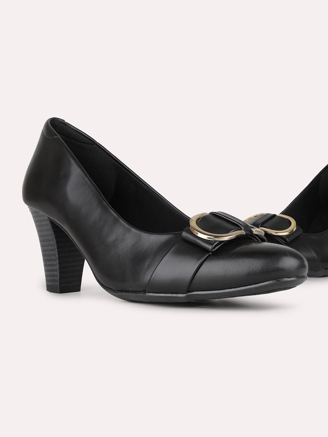 Women Black Party Wear Solid Round Toe Block Heel Pumps