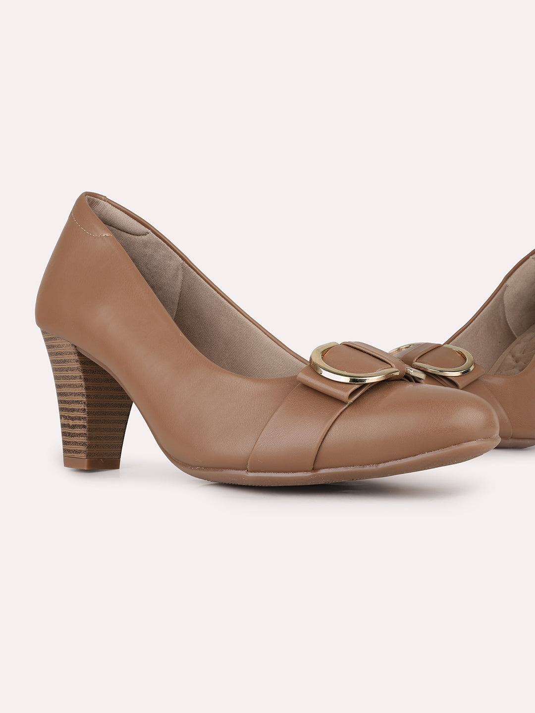 Women Beige Party Wear Solid Round Toe Block Heel Pumps